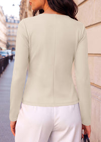 PRETTYGARDEN Womens Ruched Tops Casual Long Sleeve Shirt  Soft Stretchy Knit, Round Neck Slim Fitted Shape, Pleated Asymmetrical Hem, Office Work Daily Wear, Trendy Fall Outfits