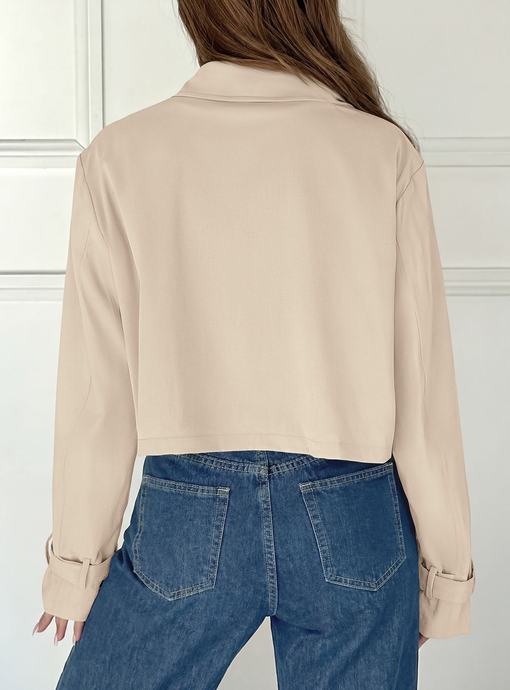 PRETTYGARDEN Cropped Trench Coat For Women Short Jacket  Soft Lightweight Coats, Lapel Double Breasted, Long Sleeve Loose Fit, Casual Work Office Jackets, Fall Winter Outwear