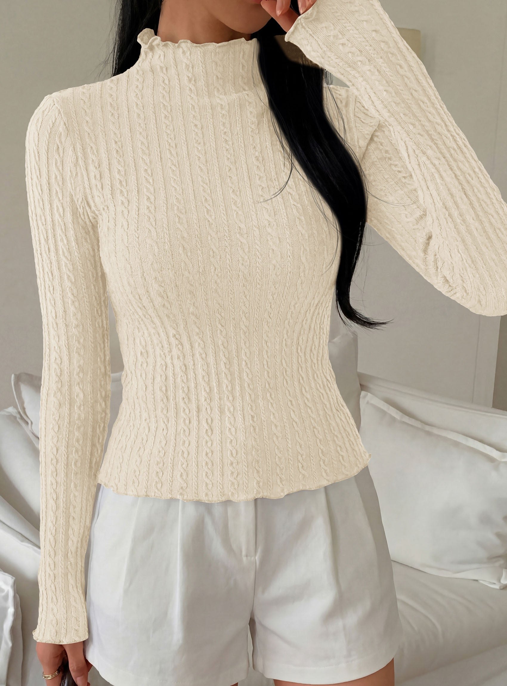PRETTYGARDEN Women's Fall Long Sleeve Fitted Shirts | Comfy Stretchy Cable Knit, Trendy Lettuce Trim Mock Neck, Casual Basic Tees, Cute Layering Tops, 2026 Fashion Clothing