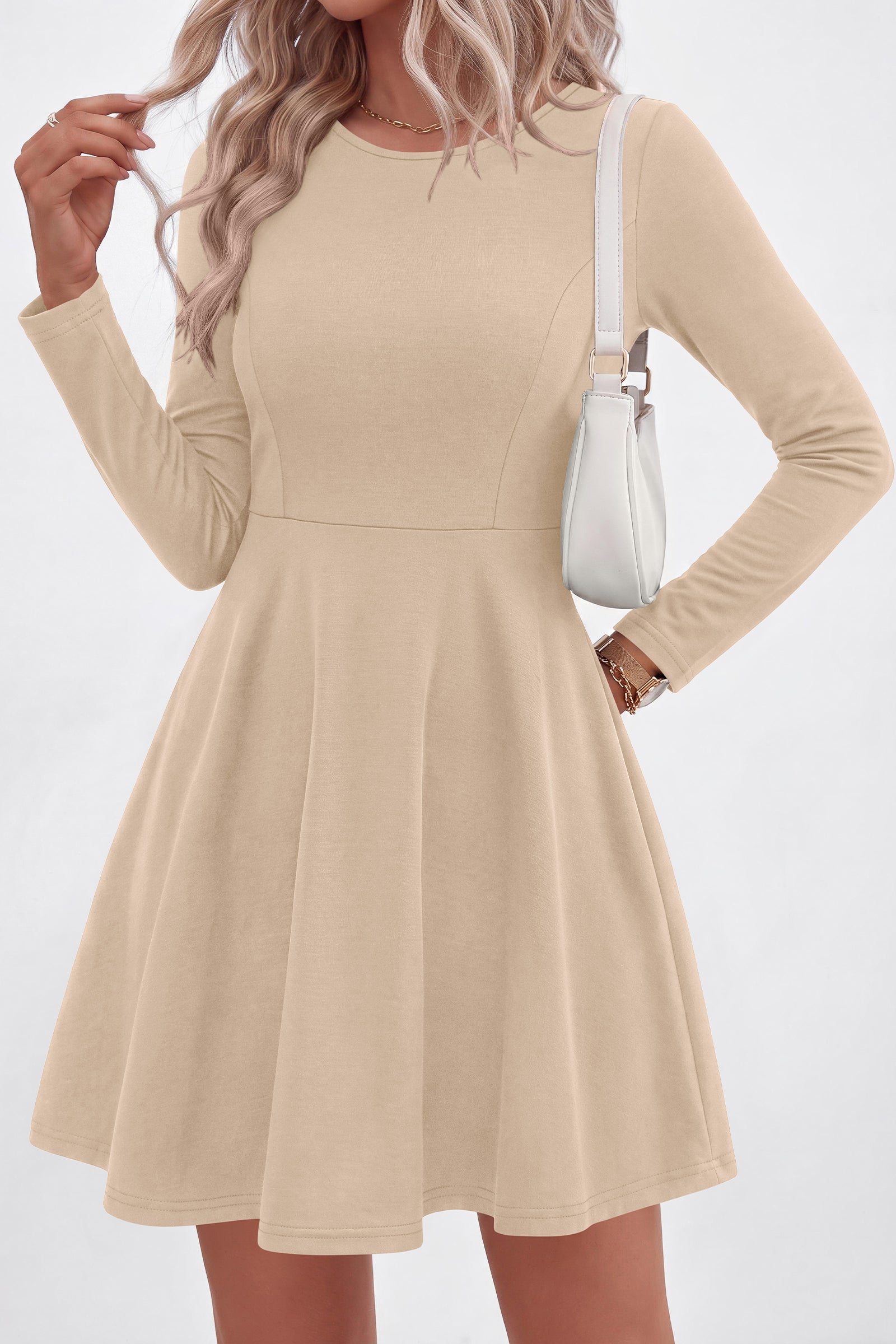 PRETTYGARDEN Women Basic Long Sleeve Crewneck Mini Dress