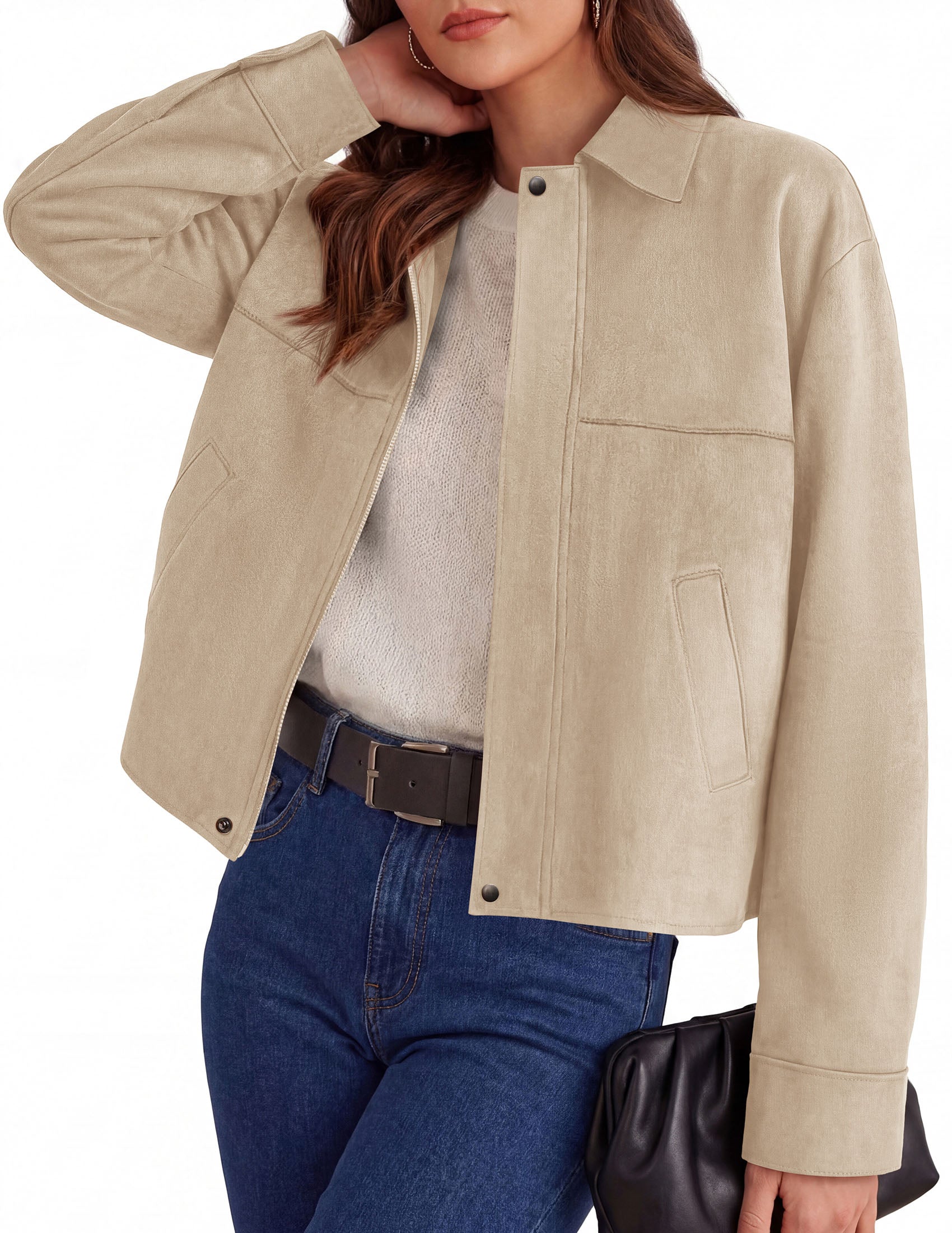 PRETTYGARDEN Women's Faux Suede Cropped Fall Jackets | Soft Zip Up Coats,Classic Lapel Collar,Button Down Shacket,Oversized Casual Outerwear,Trendy Winter Clothes with Pockets