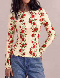 PRETTYGARDEN Womens Long Sleeve Shirts Floral Y2K Tops | Soft Lightweight Ribbed Knit Top,Fitted Waist,Crew Neck Slim Fit,Going Out Vacation Outfits,Layering Fall Winter Clothes
