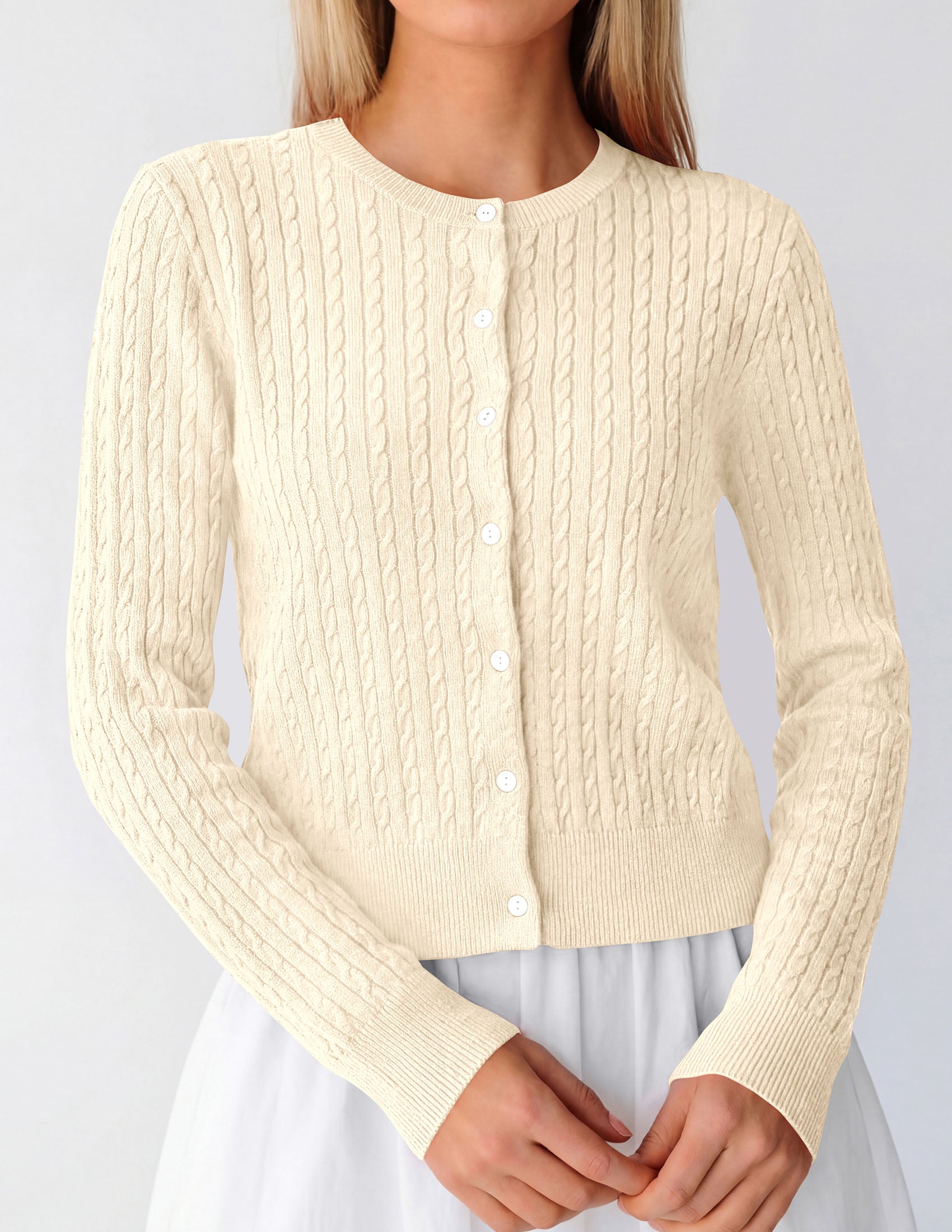 PRETTYGARDEN Women Lightweight Button Up Cardigan Sweaters | Soft Stretchy, Cozy Cable Knit, Long Sleeve Crew Neck, Trendy Cardigans, Cute Casual Outfits, Early Fall Fashion Clothing