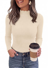 PRETTYGARDEN Women's Fall Long Sleeve Shirts Basic Tees | Soft Stretchy Ribbed Fabric, Lettuce Trim Mock Neck, Slim Fitted Cute Tops, Layering Fashion Clothing, Trendy Casual Outfits