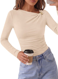 PRETTYGARDEN Long Sleeve Shirts for Women 2026 Ruched Knit Asymmetrical Tight Fitted Going Out Tops Y2k Fall Clothes