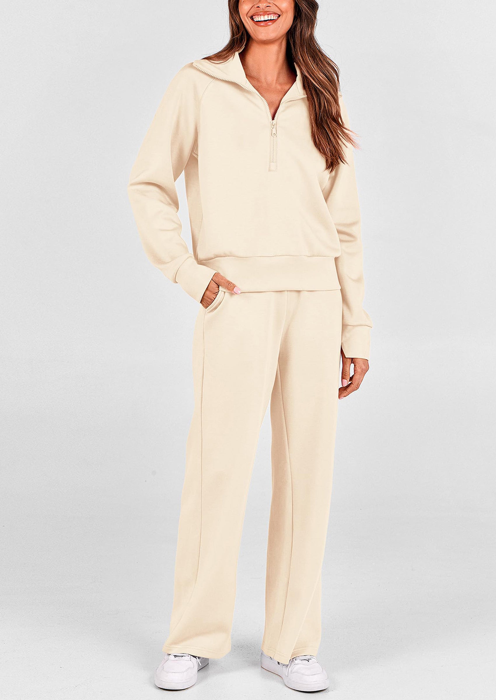 PRETTYGARDEN Women's 2 Piece Outfits Casual Lapel Half Zip Sweatshirts And Wide Leg Pants Tracksuit Sets