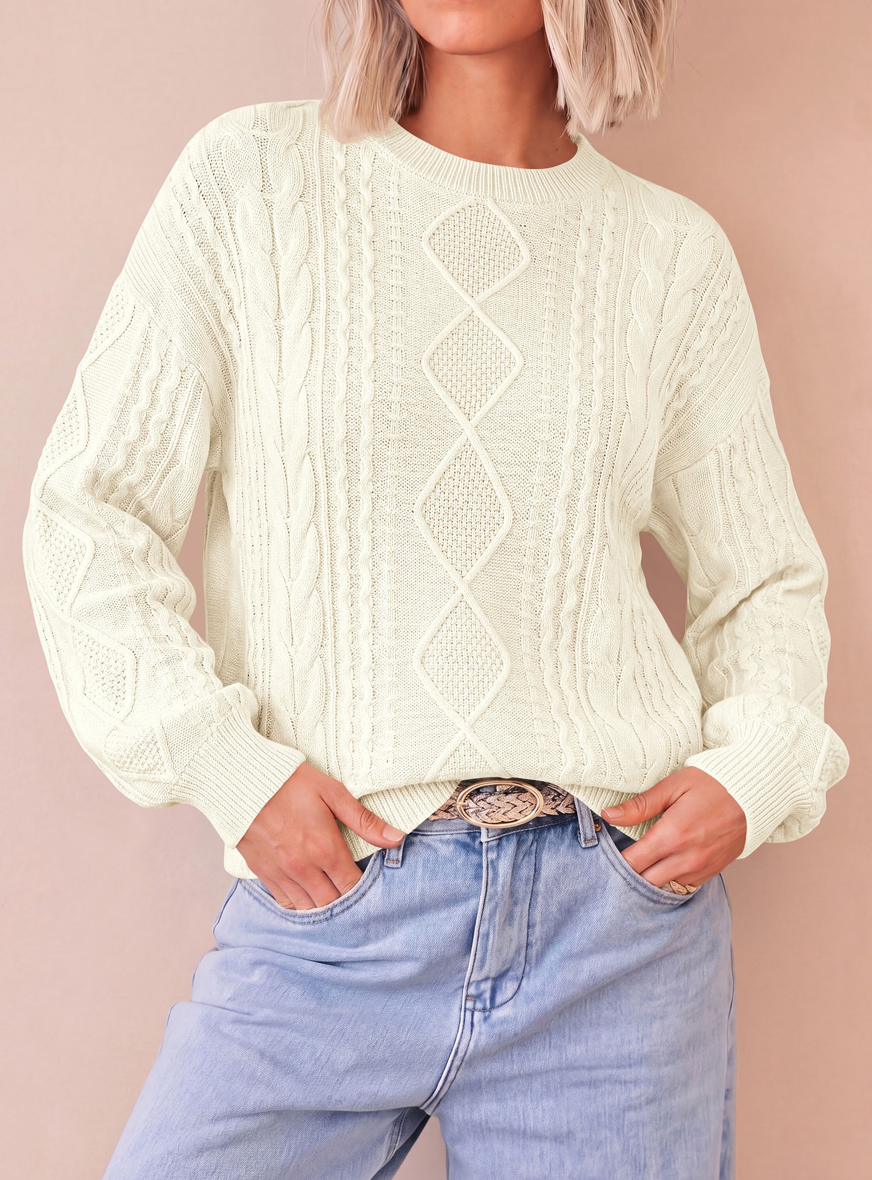 PRETTYGARDEN Womens Cable Knit Sweater Crewneck Pullover | Soft Ribbed Cuffs,Relaxed Fit Long Sleeve Sweaters,Chunky Diamond,Warm Layering,Comfy Daily Wear,Fall Winter Going out Top