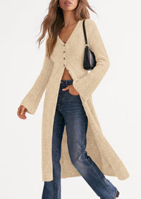 PRETTYGARDEN Women Long Cardigan Bell Sleeve Sweater Dress  Early Fall Fashion, V Neck Button Down Coats, Fit and Flare, Duster Sweater, Business Casual Outfits, Acrylic Cotton Blend