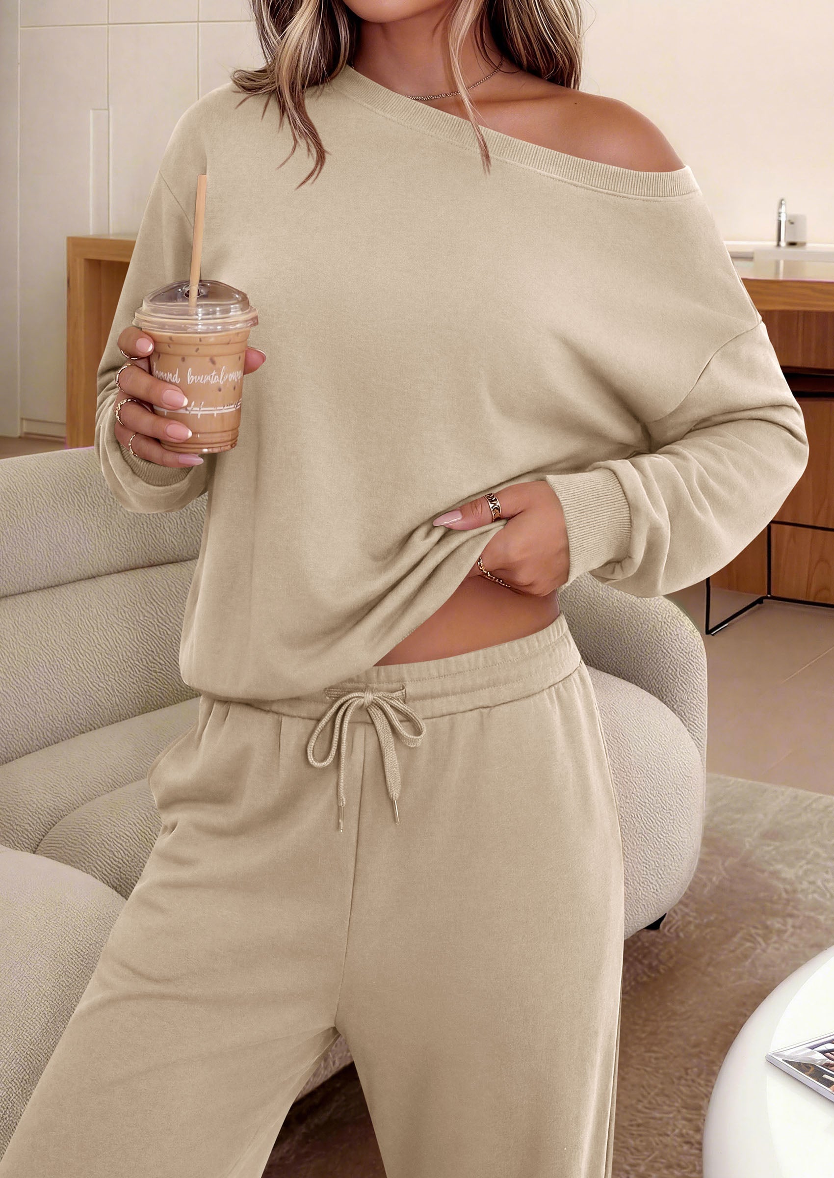 PRETTYGARDEN Womens 2 Piece Casual Matching Lounge Sets  Fashion Off the Shoulder Sweatshirt, Wide Leg Pants with Pockets, Comfy Airport Travel Outfit, 2026 Trendy Fall Set