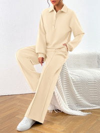 PRETTYGARDEN Women Fall 2 Piece Outfits Sweatsuits Quarter Button Long Sleeve Sweatshirt Wide Leg Pants Tracksuit Lounge Sets