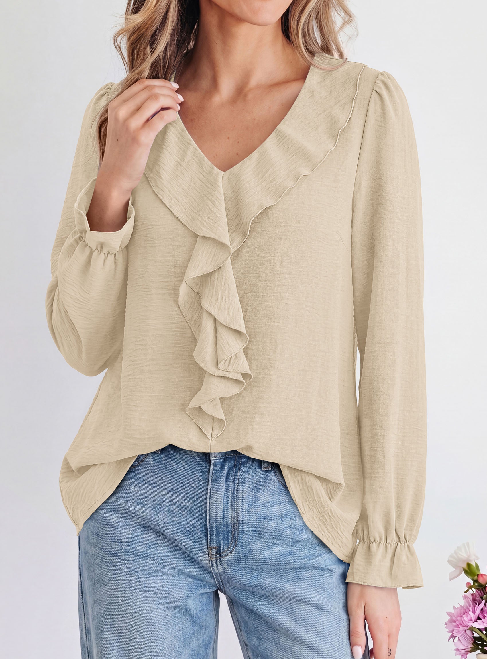PRETTYGARDEN Women Early Fall Fashion Dressy Casual Blouses  | Comfy Lightweight,Lantern Long Sleeve Shirts,Cute Ruffle V Neck,Going Out Tops,Business Work Outfits,Trendy Daily Clothes