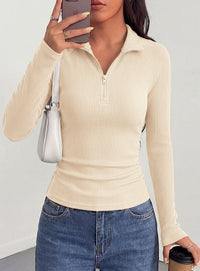 PRETTYGARDEN Women's Fall Quarter Zip Long Sleeve Shirts | Soft Stretchy Ribbed Knit, Collared Zipper Slim Fitted, Raglan Sleeves Pullover, Dressy Casual Tops, Trendy Going Out Outfits