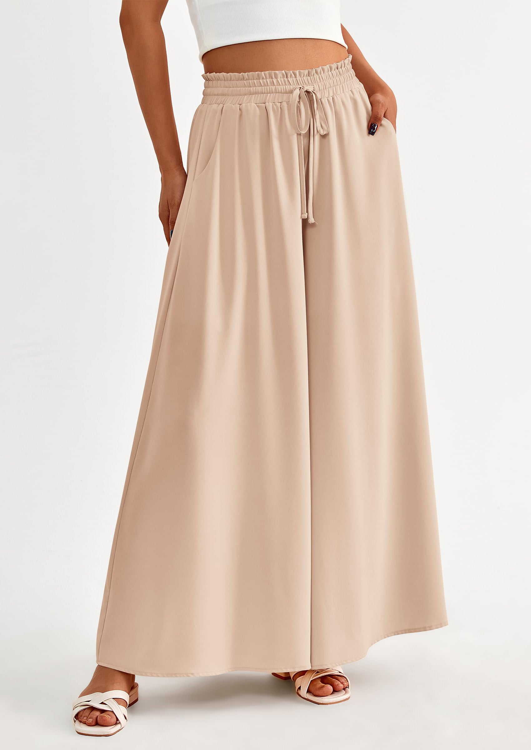 PRETTYGARDEN Women's Summer Wide Leg Palazzo Pants High Waisted Flowy Pockets Trendy Casual Lounge Boho Beach Trousers