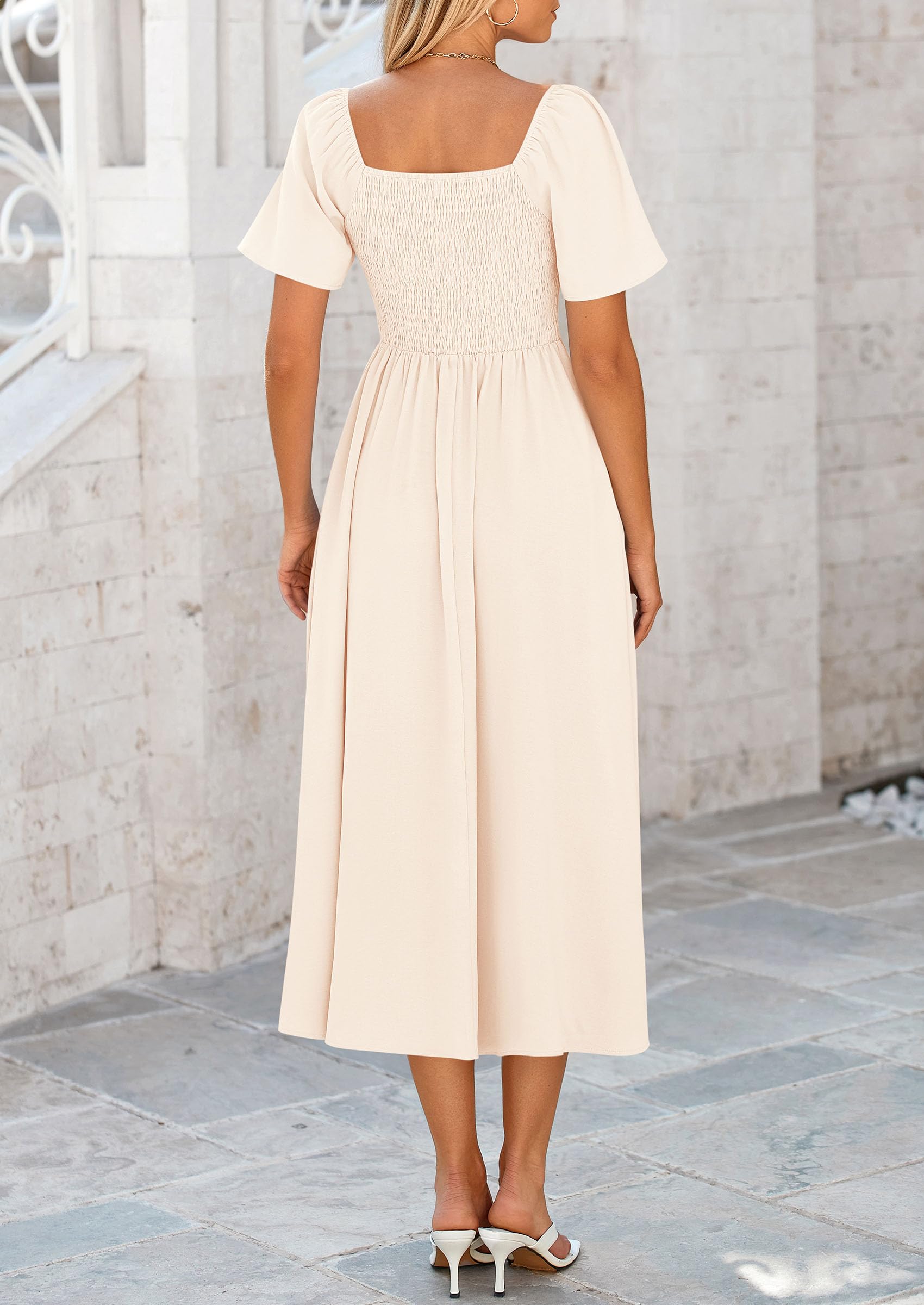 PRETTYGARDEN Summer Dress for Women Casual Short Sleeve Bow Tie V Neck Ruffle Midi Flowy Dresses