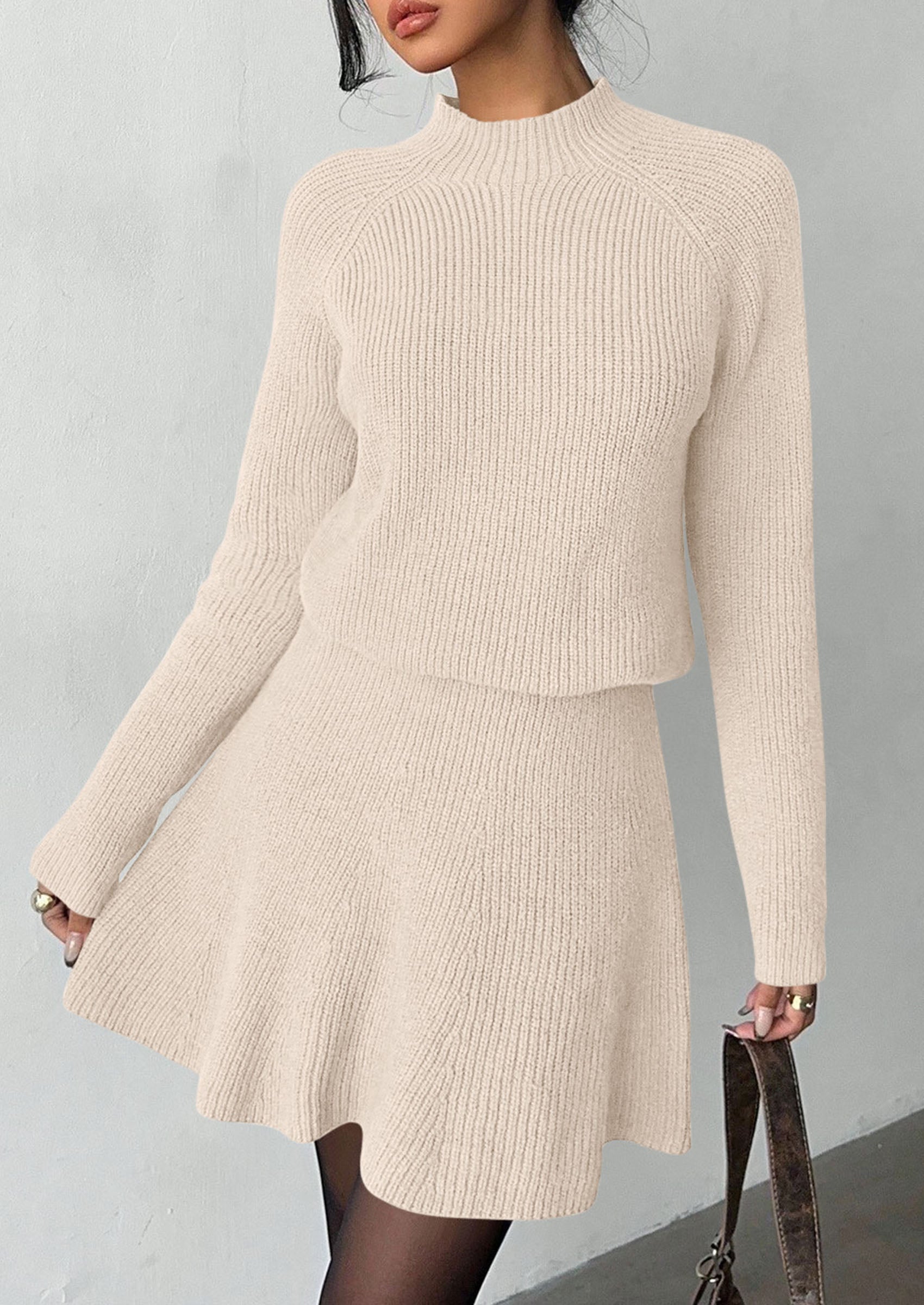 PRETTYGARDEN Women's Fall 2 Piece Outfits Matching Sweater Skirt Sets  Cozy Ribbed Knit, Raglan Long Sleeve, Crewneck Pullover, Elastic Waist A Line, Mini Short Skirts, Holiday Winter Clothing