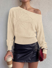 PRETTYGARDEN Women's Fall Off The Shoulder Sweater Tops   | 3D Flower Off Shoulder Sweater, Cinched Waist, Long Sleeve Cropped Sweaters, Knit Pullover Tops, Trendy Date Night Outfit