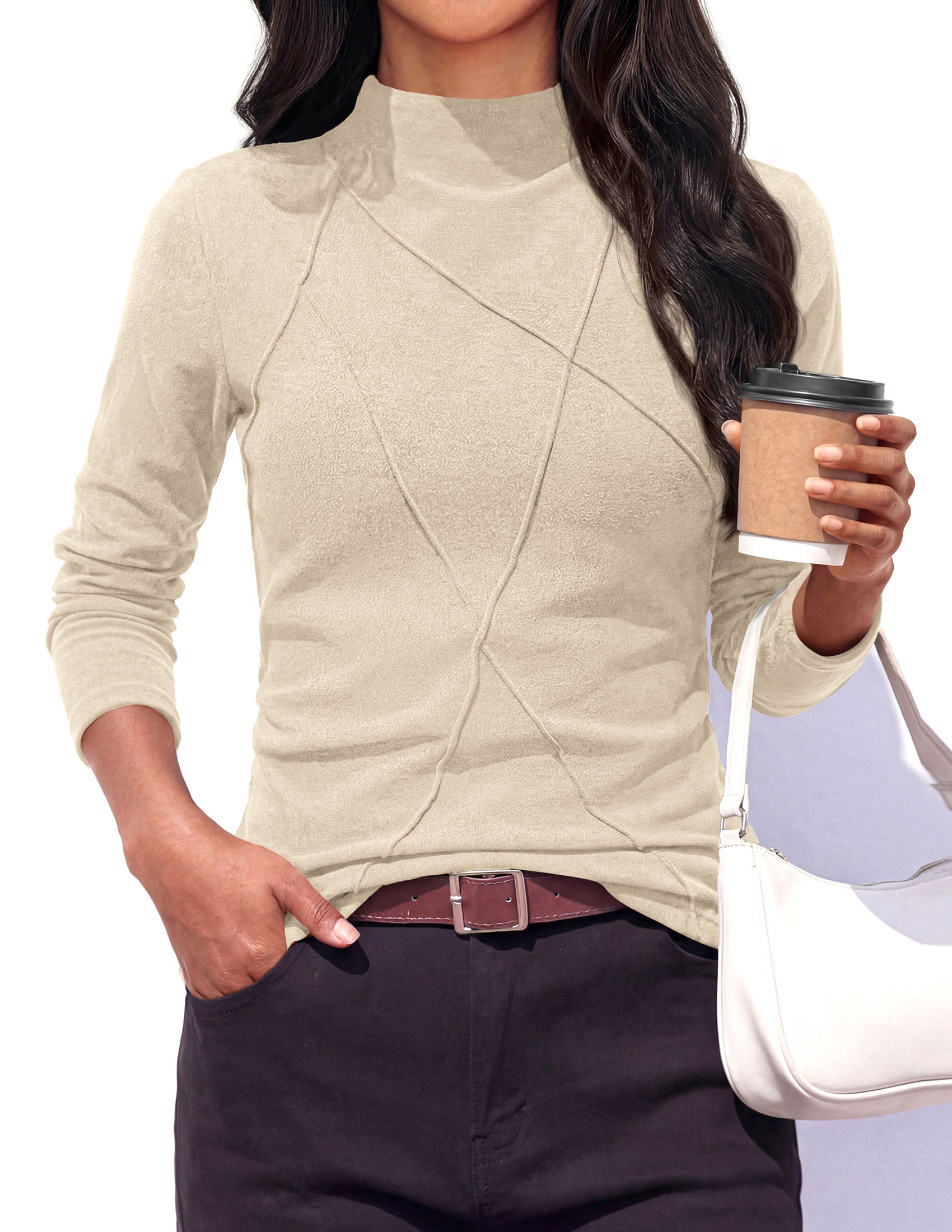 PRETTYGARDEN Women's Fall Mock Neck Long Sleeve Shirts | Soft Stretchy Knit,Geometric Seam Stitching,Slim Fitted Basic Tees,Thermal Casual Wear,Daily Work Layering Winter Tunic Top