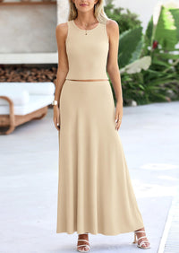 PRETTYGARDEN 2 Piece Maxi Skirt Sets Casual Knit Cropped Tank Top High Waisted Long Skirts Outfit
