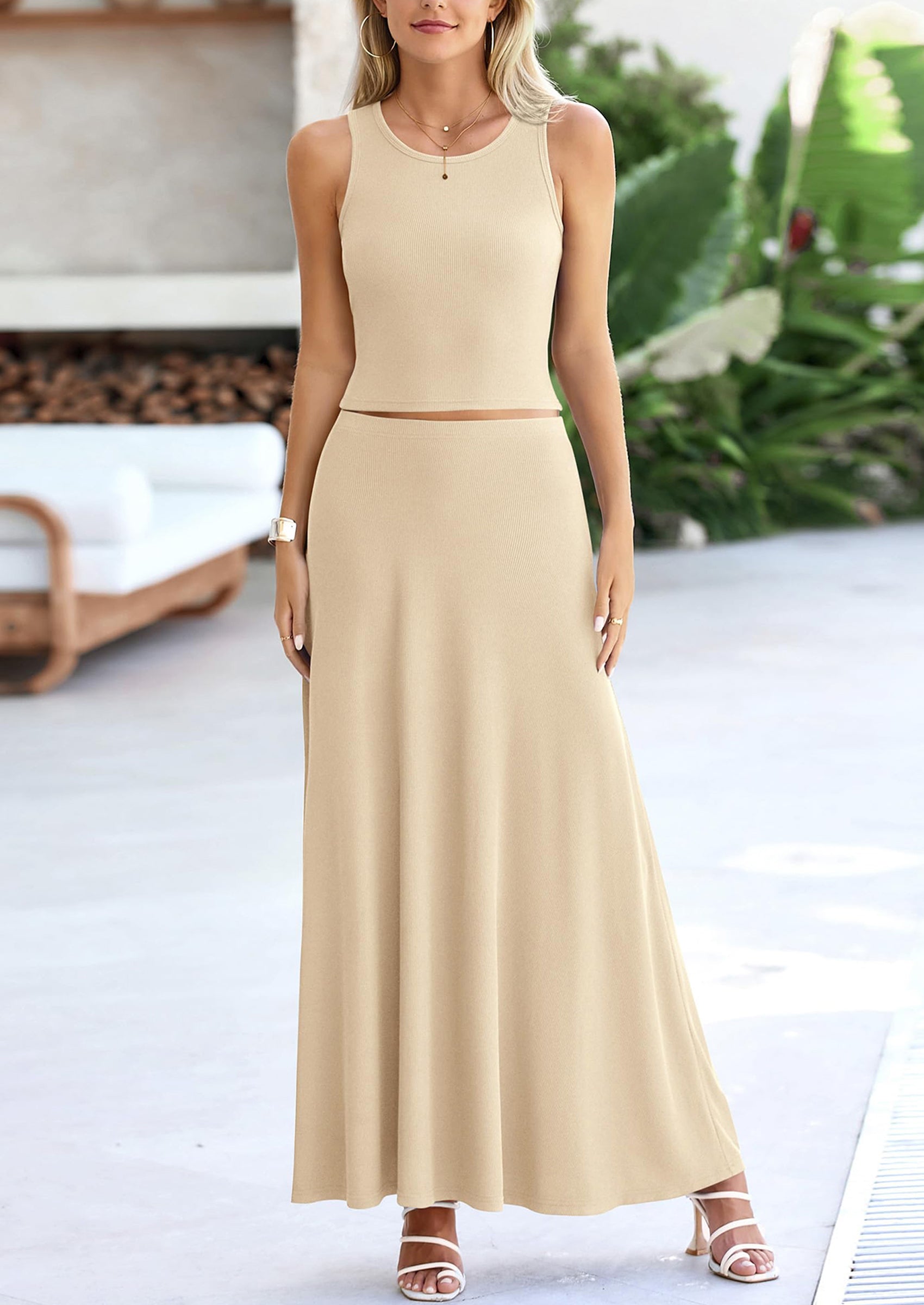 PRETTYGARDEN 2 Piece Maxi Skirt Sets Casual Knit Cropped Tank Top High Waisted Long Skirts Outfit