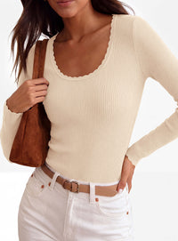 PRETTYGARDEN Women's Fall Lightweight Ribbed Knit Sweaters | Stretchy Cozy Knitwear,Scalloped Scoop Neck,Long Sleeve Shirts,Slim Fitted Pullover,Basic Layering Tops,Cute Casual Outfits