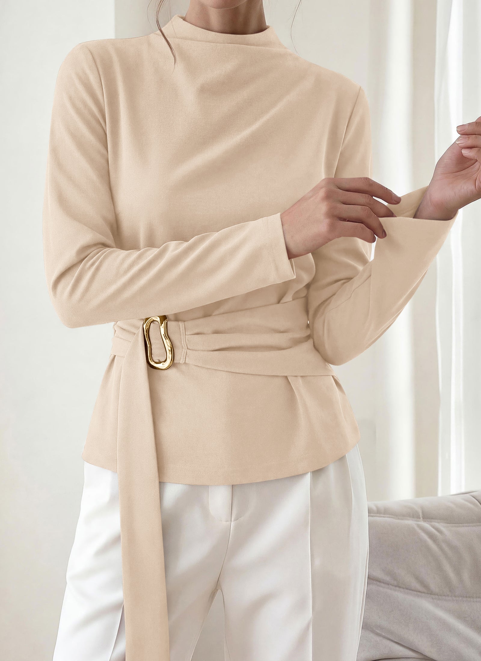 PRETTYGARDEN Women Blouses Fall Dressy Mock Neck Long Sleeve Work Shirts Buckle Belted Tunic Business Casual Tops