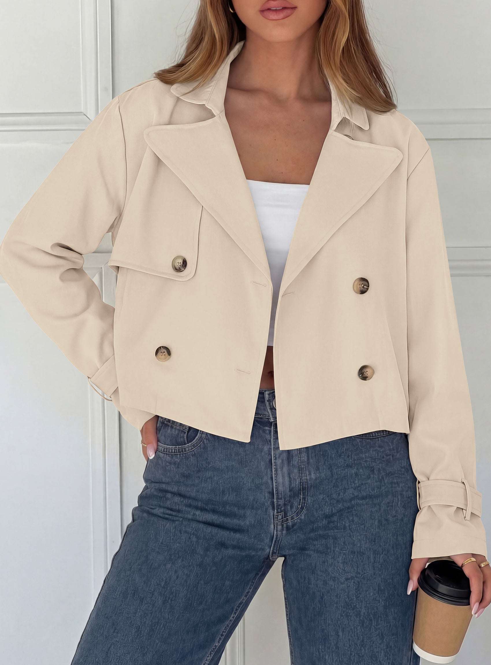 PRETTYGARDEN Cropped Trench Coat For Women Short Jacket  Soft Lightweight Coats, Lapel Double Breasted, Long Sleeve Loose Fit, Casual Work Office Jackets, Fall Winter Outwear