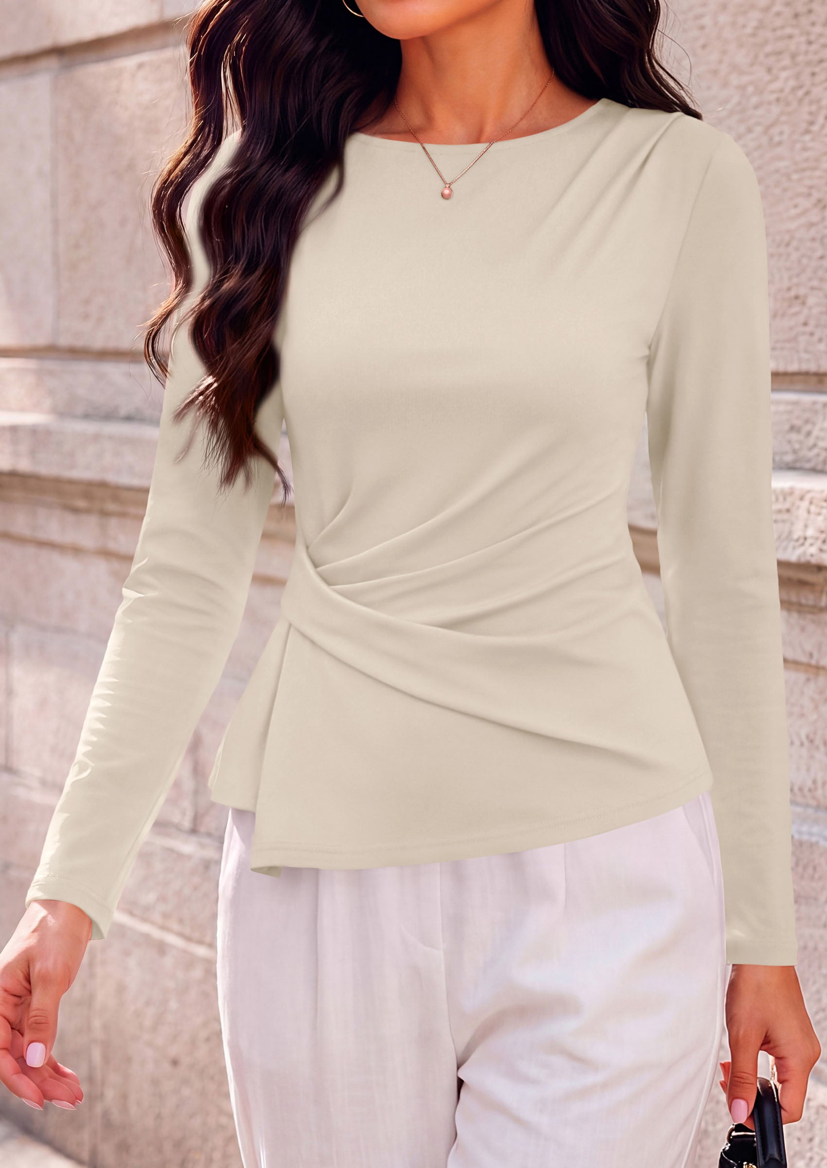 PRETTYGARDEN Womens Ruched Tops Casual Long Sleeve Shirt  Soft Stretchy Knit, Round Neck Slim Fitted Shape, Pleated Asymmetrical Hem, Office Work Daily Wear, Trendy Fall Outfits