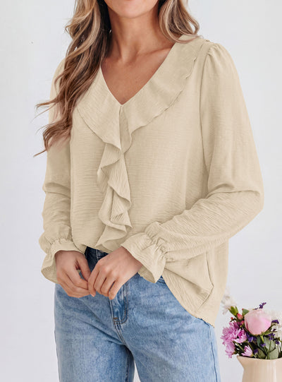 PRETTYGARDEN Women Early Fall Fashion Dressy Casual Blouses  | Comfy Lightweight,Lantern Long Sleeve Shirts,Cute Ruffle V Neck,Going Out Tops,Business Work Outfits,Trendy Daily Clothes