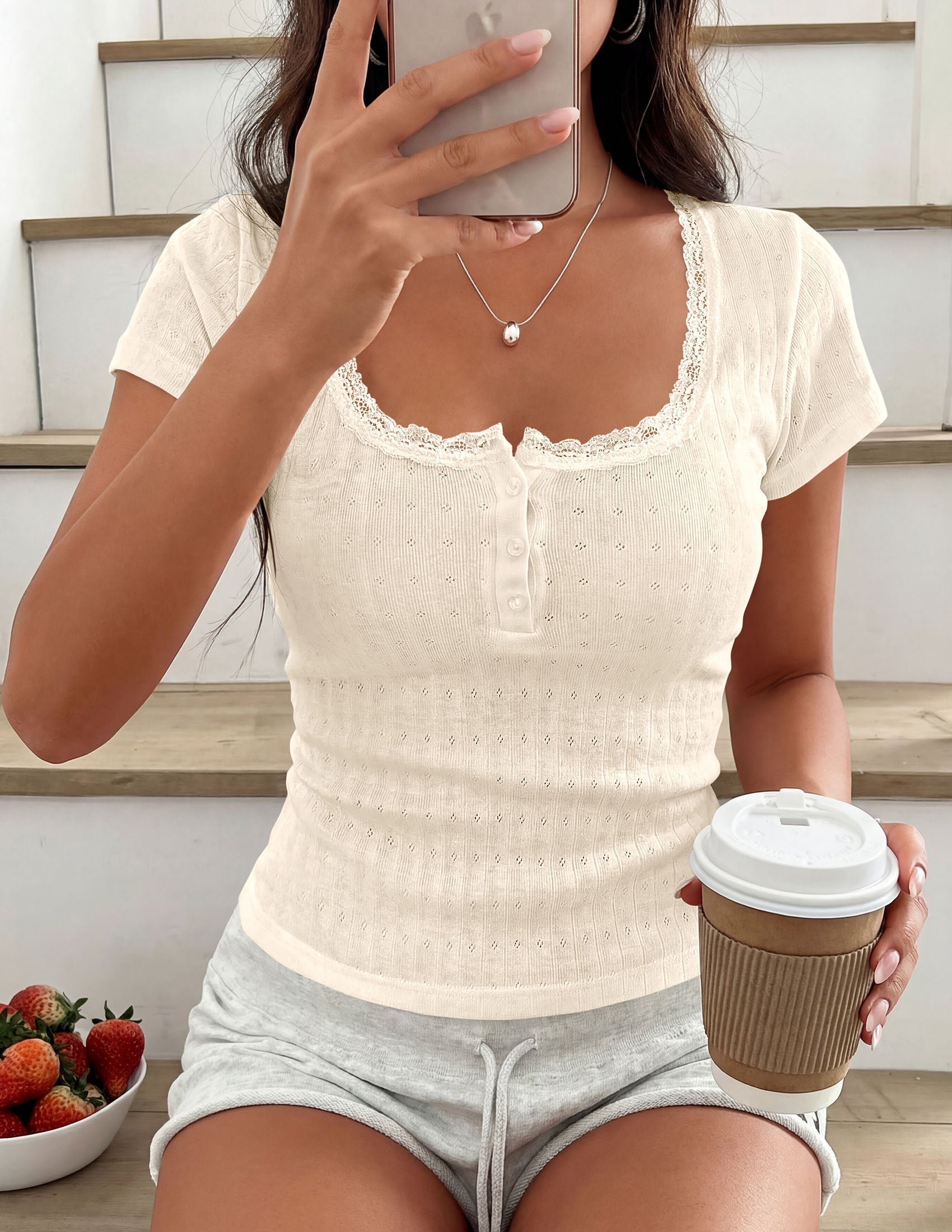 PRETTYGARDEN Summer Tops for Women 2026 Short Sleeve Lace Trim Slim Fitted Henley Tee Shirts Y2K Fashion Clothing PRETTYGARDEN