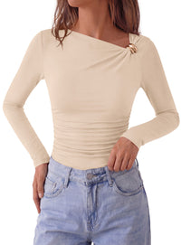 PRETTYGARDEN Long Sleeve Shirts for Women 2026 Ruched Knit Asymmetrical Tight Fitted Going Out Tops Y2k Fall Clothes