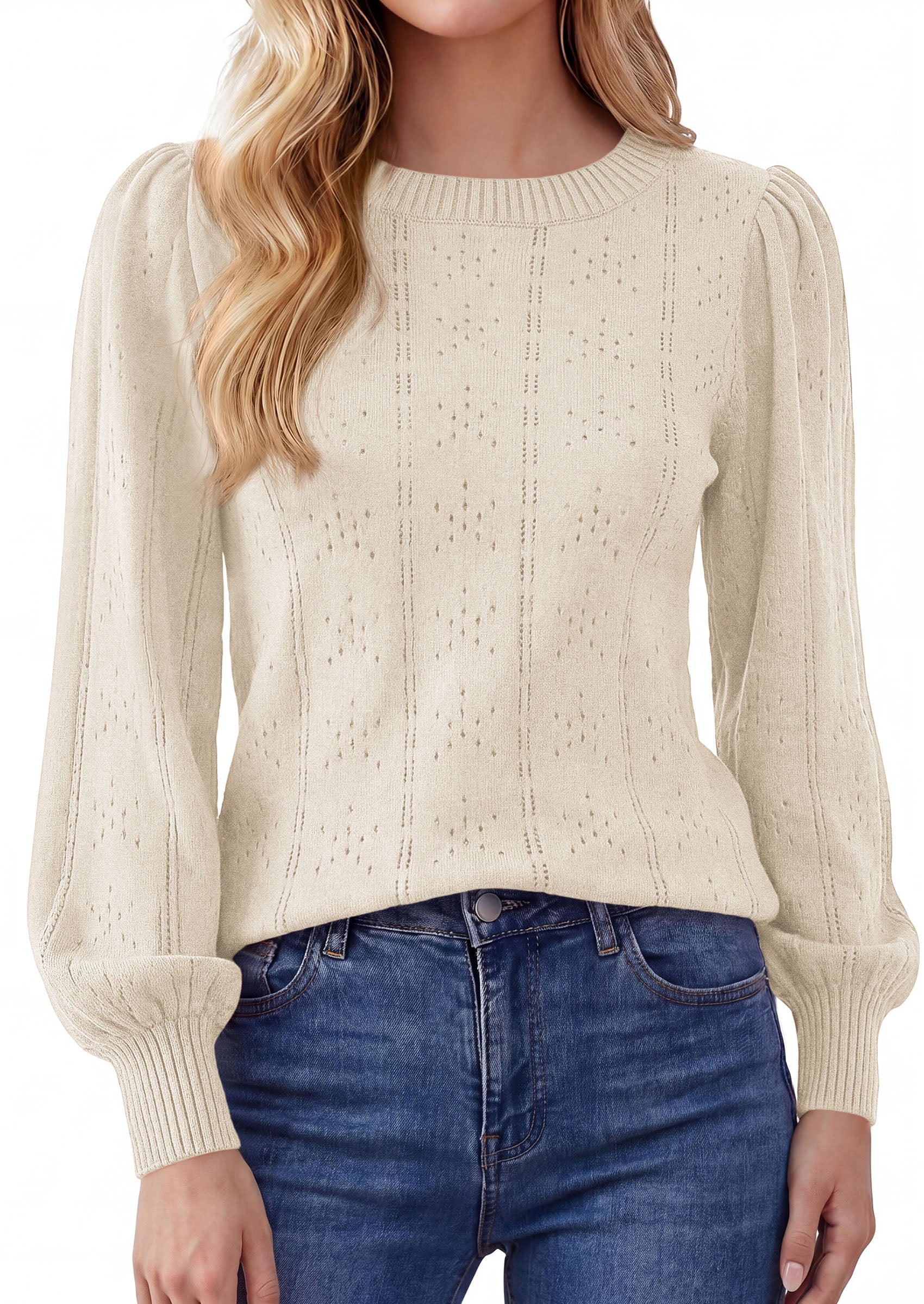 PRETTYGARDEN Women Fall Fashion Hollow Out Holiday Sweaters | Stretchy Cozy Knit, Puff Long Sleeve Pullover Tops, Crewneck Loose Fit, Dressy Casual Blouse, Trendy Winter Going Out Outfits