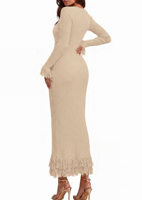 PRETTYGARDEN Womens Long Sleeve Bodycon Sweater Dress  Stretchy Ribbed Knit,Fringe Trim Cuffs & Hem,Slim Fit Crewneck,Date Night Outfits,Fall Winter Wedding Guest Cocktail Dresses