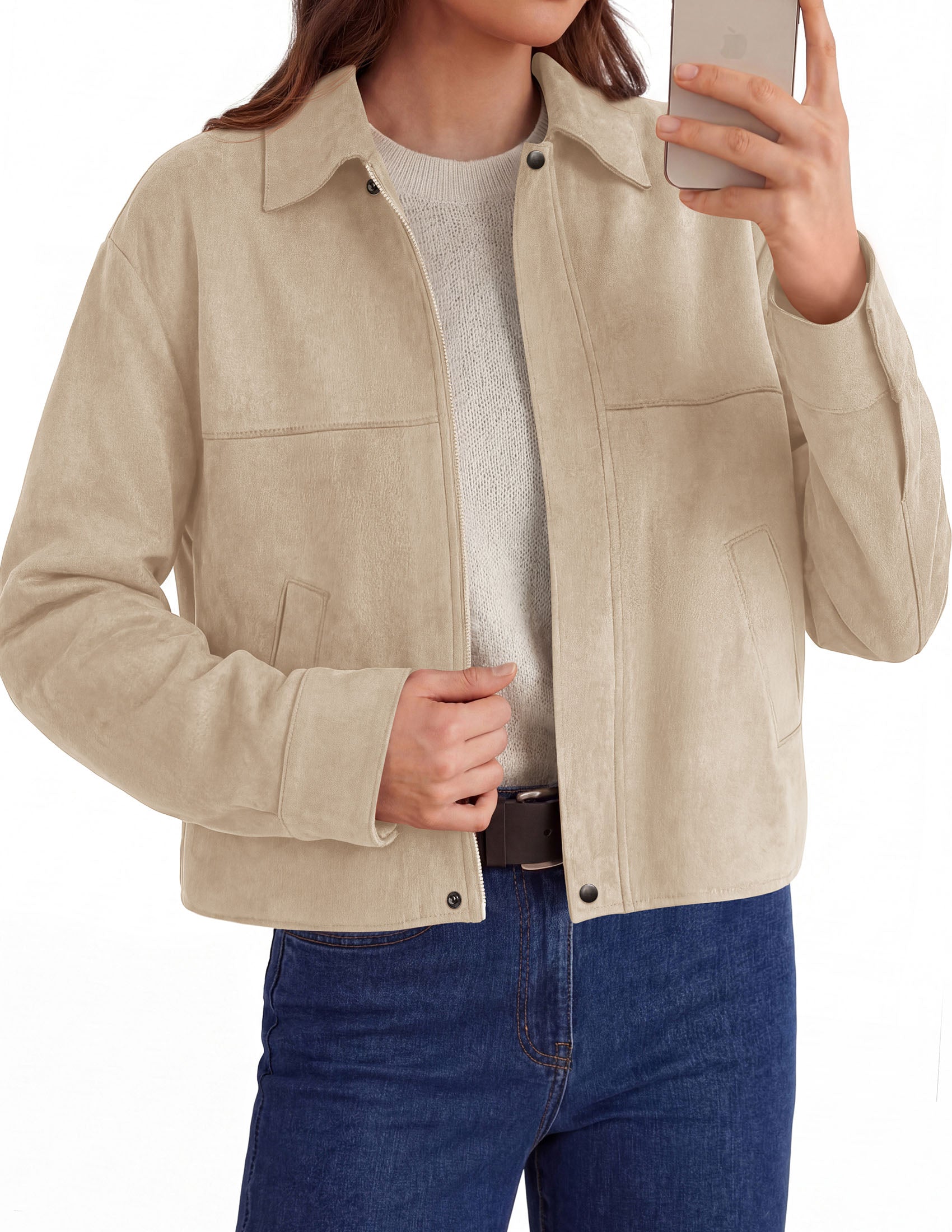 PRETTYGARDEN Women's Faux Suede Cropped Fall Jackets | Soft Zip Up Coats,Classic Lapel Collar,Button Down Shacket,Oversized Casual Outerwear,Trendy Winter Clothes with Pockets