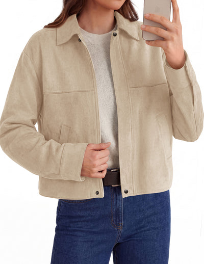 PRETTYGARDEN Women's Faux Suede Cropped Fall Jackets | Soft Zip Up Coats,Classic Lapel Collar,Button Down Shacket,Oversized Casual Outerwear,Trendy Winter Clothes with Pockets