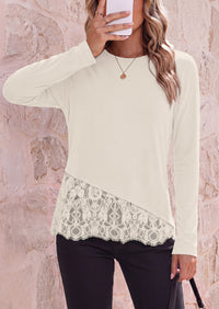 PRETTYGARDEN Women's Lace Patchwork Long Sleeve Shirts | Soft Casual Tops,Irregular Asymmetrical Hem,Crew Neck Thermal Blouses,Loose Fit Layer Tee,Fashion Fall Winter Daily Wear