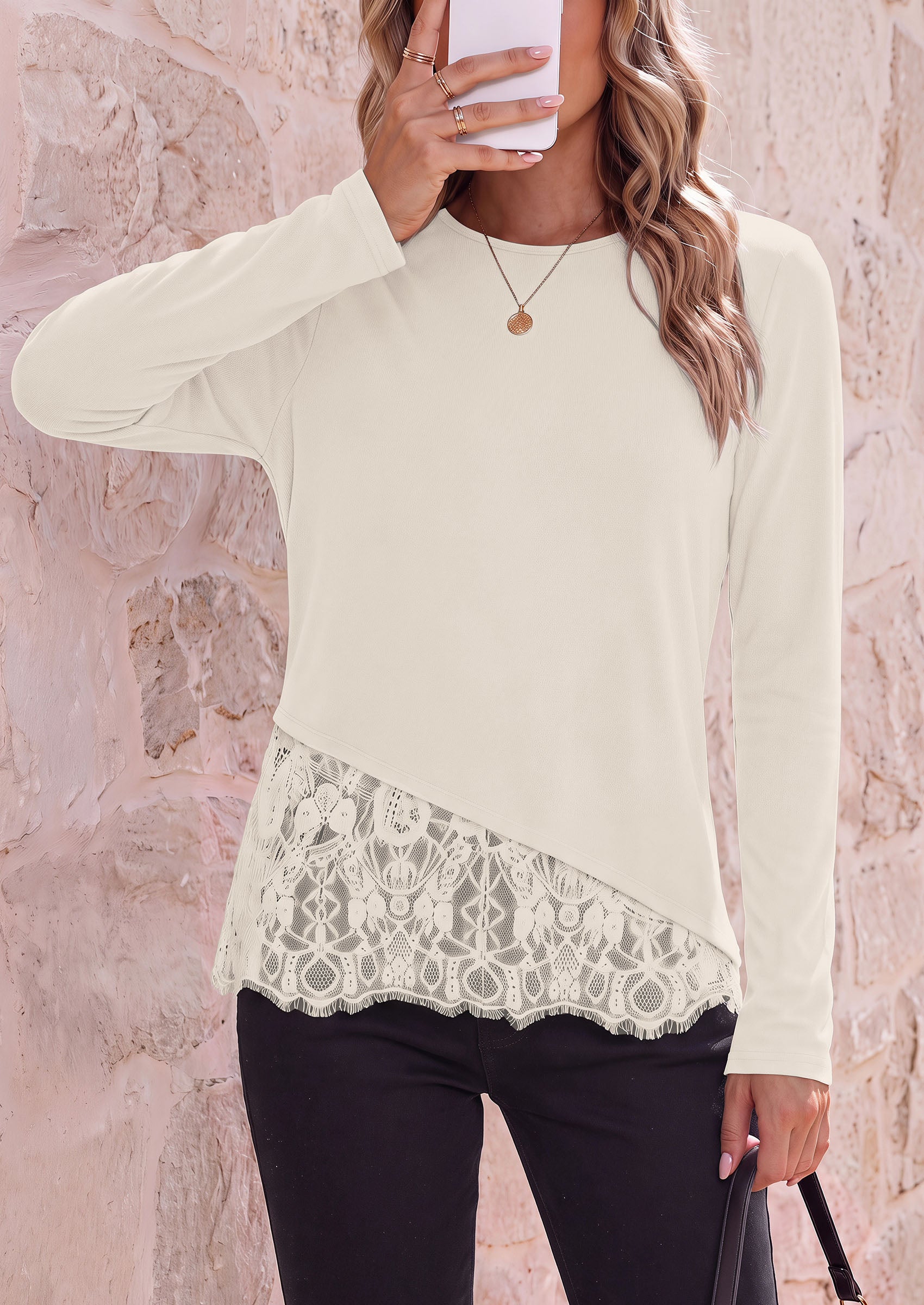 PRETTYGARDEN Women's Lace Patchwork Long Sleeve Shirts | Soft Casual Tops,Irregular Asymmetrical Hem,Crew Neck Thermal Blouses,Loose Fit Layer Tee,Fashion Fall Winter Daily Wear