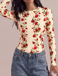 PRETTYGARDEN Womens Long Sleeve Shirts Floral Y2K Tops | Soft Lightweight Ribbed Knit Top,Fitted Waist,Crew Neck Slim Fit,Going Out Vacation Outfits,Layering Fall Winter Clothes
