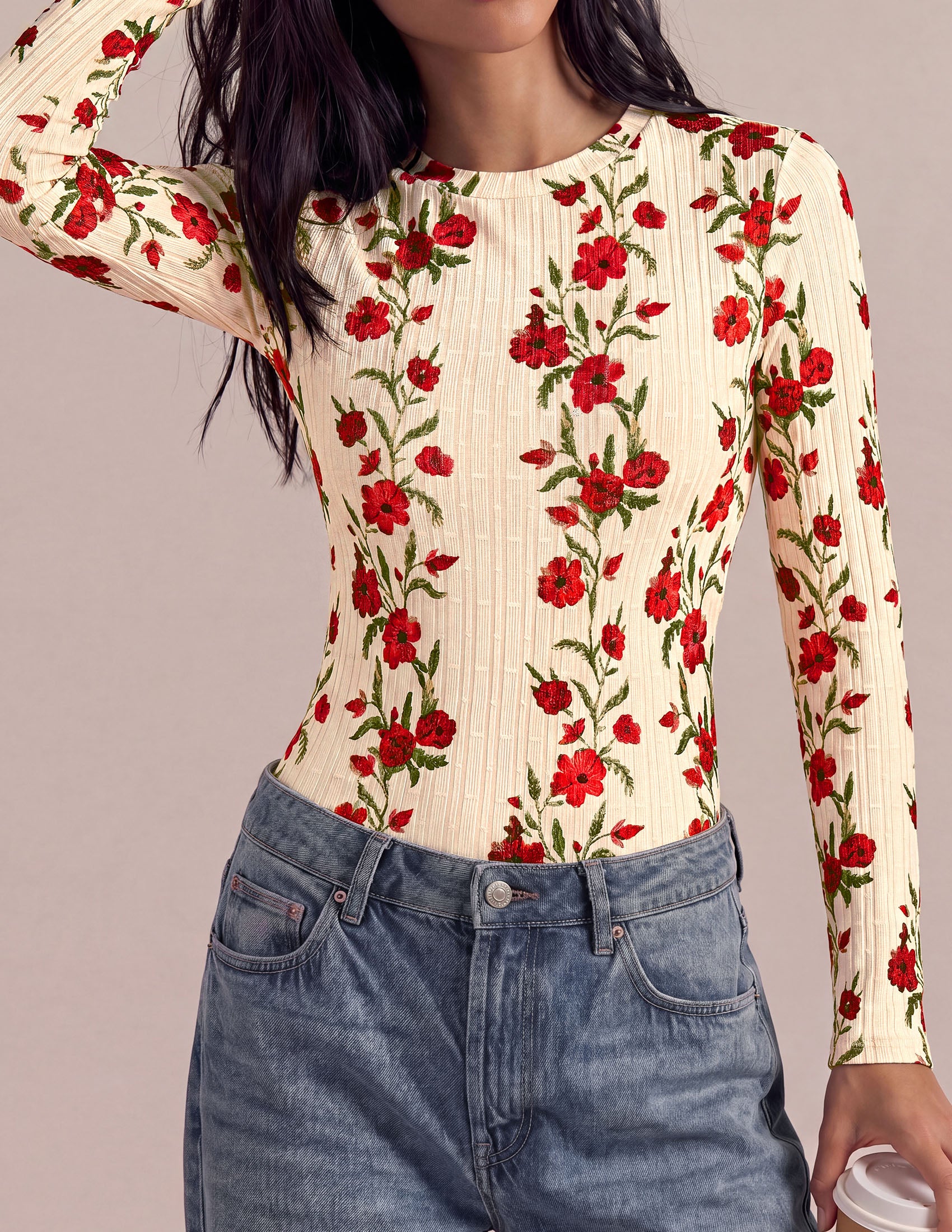 PRETTYGARDEN Womens Long Sleeve Shirts Floral Y2K Tops | Soft Lightweight Ribbed Knit Top,Fitted Waist,Crew Neck Slim Fit,Going Out Vacation Outfits,Layering Fall Winter Clothes