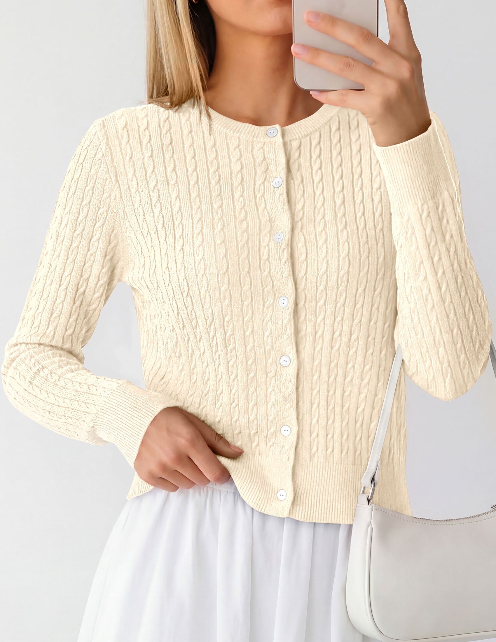 PRETTYGARDEN Women Lightweight Button Up Cardigan Sweaters | Soft Stretchy, Cozy Cable Knit, Long Sleeve Crew Neck, Trendy Cardigans, Cute Casual Outfits, Early Fall Fashion Clothing
