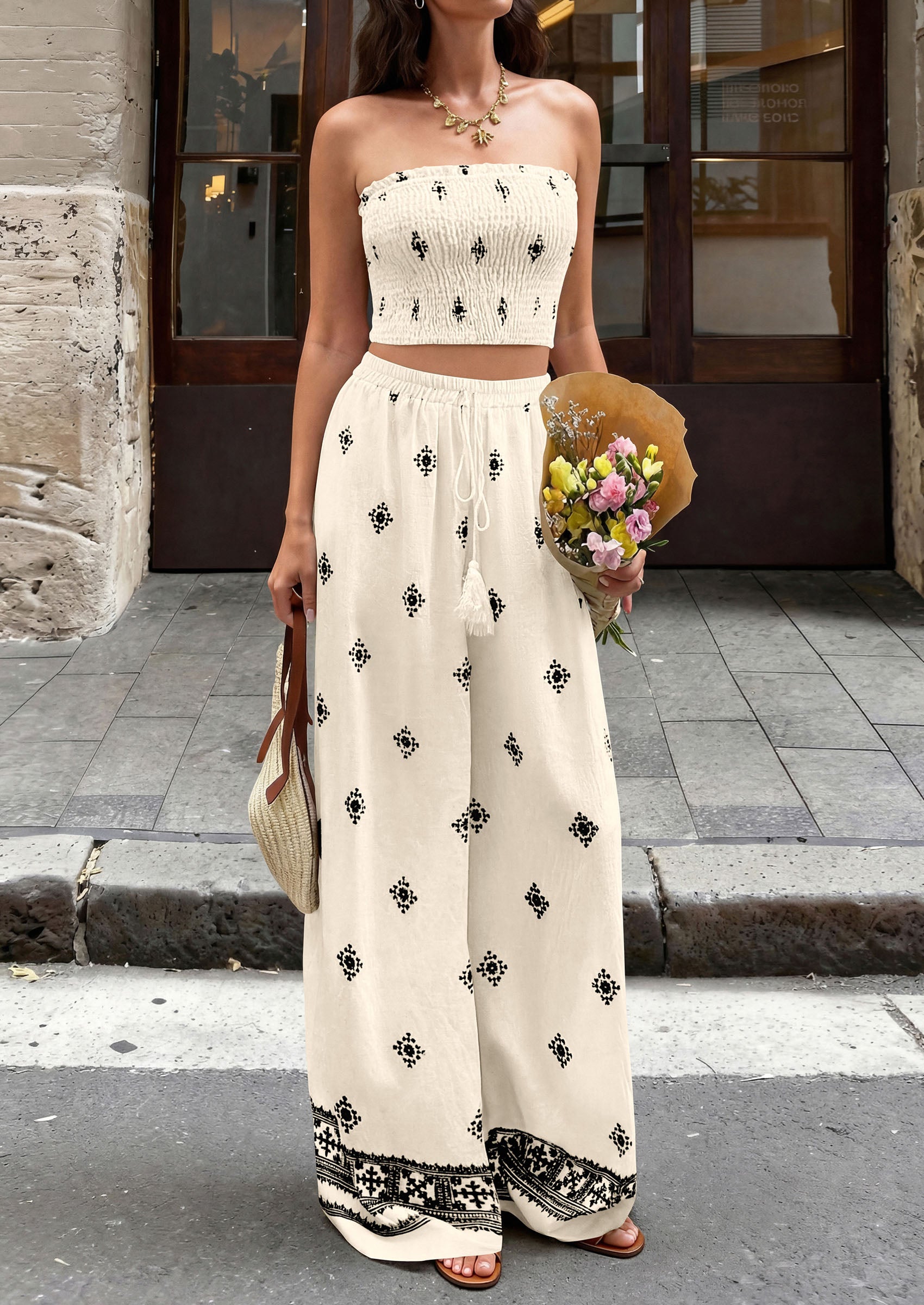 PRETTYGARDEN 2 Piece Sets for women Summer 2026 Travel Outfits Print Tube Tops Wide Leg Pants Beach Vacation Clothes