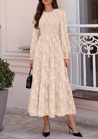 PRETTYGARDEN Fall Floral Long Sleeve Wedding Guest Dress for Women Pockets | Casual Textured Jacquard Smocked High Waist A-line Boho Flowy Midi Dress, Semi Formal Cocktail Dresses for Women 2026