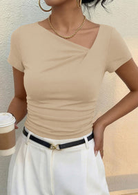 PRETTYGARDEN Women's 2026 Summer Asymmetrical Y2K Tops Trendy Ribbed Short Sleeve Fitted Tee Shirts Spring Fashion Clothing