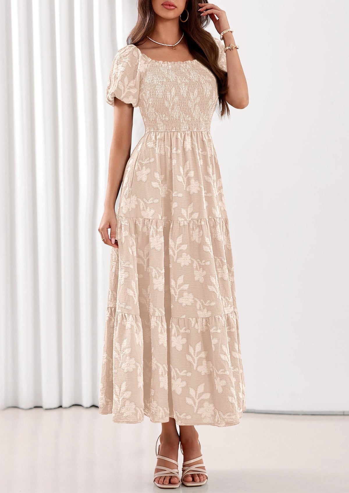 PRETTYGARDEN Women's 2026 Summer Boho Maxi Dresses Floral Short Sleeve Square Neck Smocked Flowy Long Dress Vacation Outfits PRETTYGARDEN