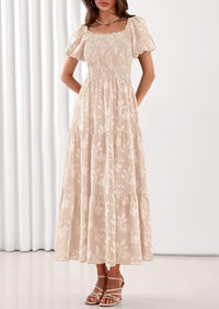 PRETTYGARDEN Women's 2026 Summer Boho Maxi Dresses Floral Short Sleeve Square Neck Smocked Flowy Long Dress Vacation Outfits PRETTYGARDEN