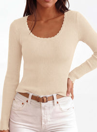 PRETTYGARDEN Women's Fall Lightweight Ribbed Knit Sweaters | Stretchy Cozy Knitwear,Scalloped Scoop Neck,Long Sleeve Shirts,Slim Fitted Pullover,Basic Layering Tops,Cute Casual Outfits