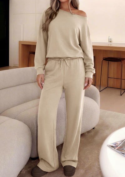 PRETTYGARDEN Womens 2 Piece Casual Matching Lounge Sets  Fashion Off the Shoulder Sweatshirt, Wide Leg Pants with Pockets, Comfy Airport Travel Outfit, 2026 Trendy Fall Set