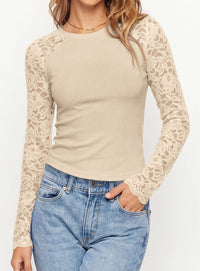 PRETTYGARDEN Sheer Lace Raglan Long Sleeve Shirts for Women | Soft Stretchy Knit,See Through Floral Sleeves,Crewneck Fitted Tshirts,Daily Going Out Tops,Office Layer,Fall Fashion Clothing