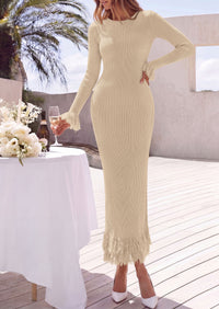 PRETTYGARDEN Womens Long Sleeve Bodycon Sweater Dress  Stretchy Ribbed Knit,Fringe Trim Cuffs & Hem,Slim Fit Crewneck,Date Night Outfits,Fall Winter Wedding Guest Cocktail Dresses