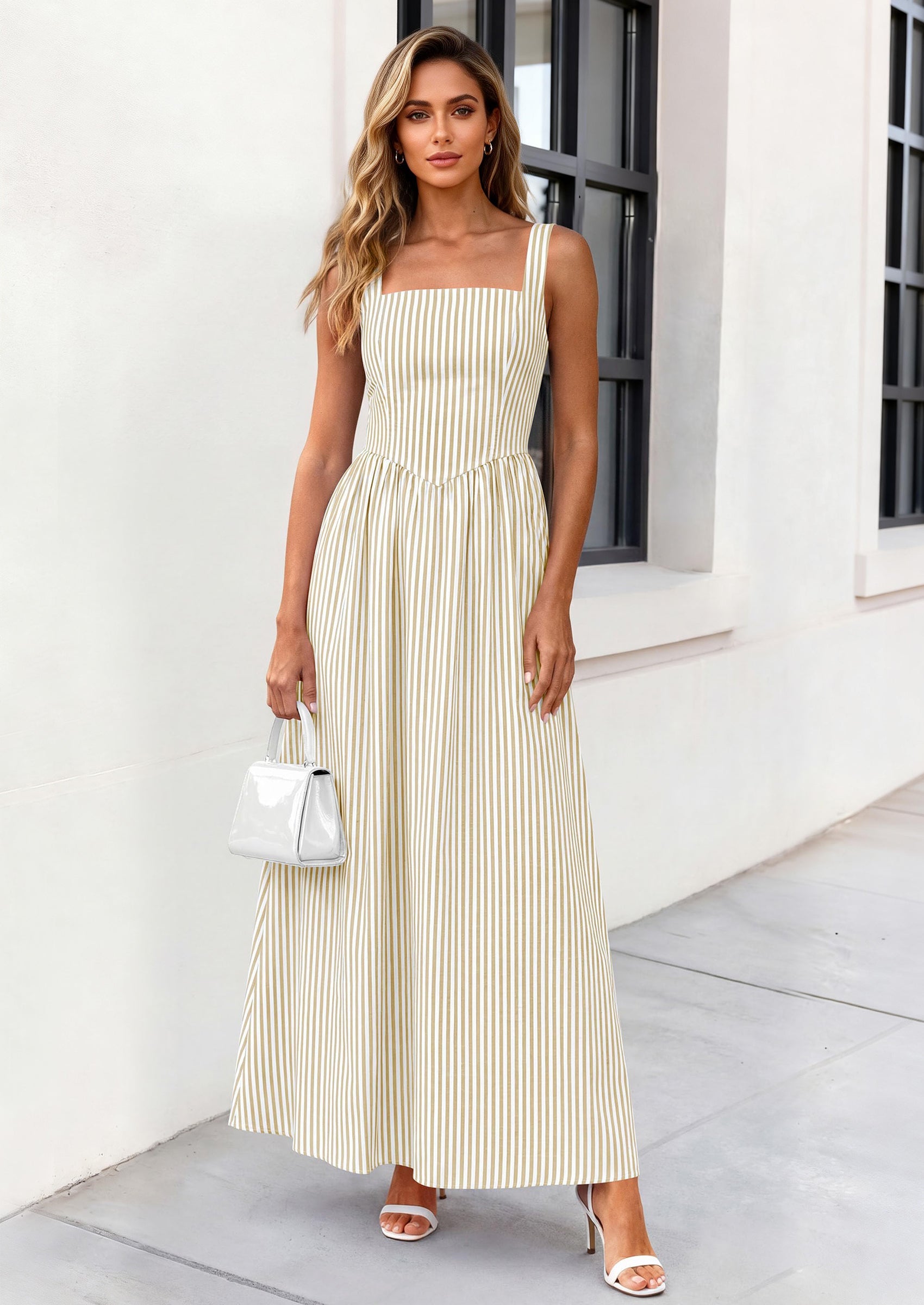 PRETTYGARDEN Women's Maxi Striped Dress Summer Sleeveless Square Neck Smocked A Line Long Flowy Spring Vacation Sundress PRETTYGARDEN