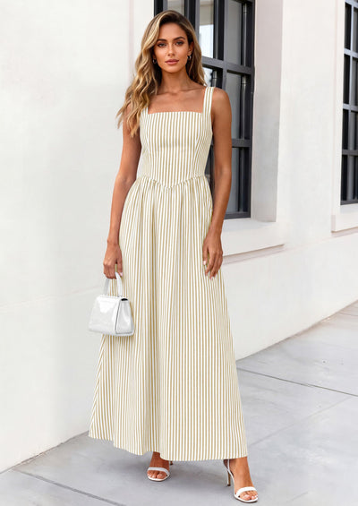 PRETTYGARDEN Women's Maxi Striped Dress Summer Sleeveless Square Neck Smocked A Line Long Flowy Spring Vacation Sundress PRETTYGARDEN